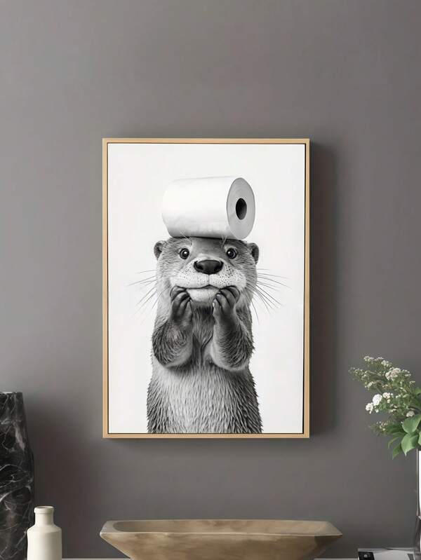 1pc/Funny Black & White Otter Balancing Toilet Paper Roll Wall Art, Cute Humorous Wildlife Sketch Illustration, Quirky Minimalist White Background Decor, Modern Playful Bathroom Restroom Home Interior Decoration