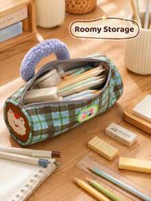 1 Pc Cute Striped Cylindrical Party Pencil Case Checkered Stylish Stain-Resistant Stationery Pouch Storage Organizer For School Office Supplies Cosmetic Bag Travel Accessories Portable Student Gift - View 2