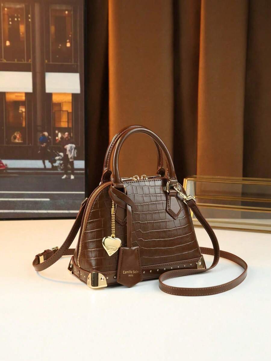 French Luxury Crocodile Embossed Shell Bag With Niche Metal Rivet Design, Shoulder Crossbody Handbag With Heart Pendant - Multicolor - View 1