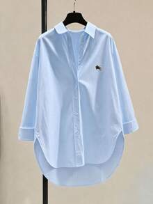 Fashion Plus Size White Woven Shirt With Embroidered Collar, Dropped Shoulder Design And Asymmetric Hem, Preppy Style Dropped Shoulder Shirt, Regular Length Embroidered Design, Woven Fabric For Casual Look - Baby Blue - View 1
