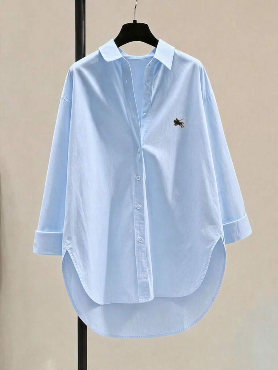 Fashion Plus Size White Woven Shirt With Embroidered Collar, Dropped Shoulder Design And Asymmetric Hem, Preppy Style Dropped Shoulder Shirt, Regular Length Embroidered Design, Woven Fabric For Casual Look - Baby Blue - View 1