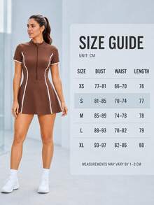 2pcs Women's Short Athletic Dress Set, Stand Collar Half-Zip Colorblock Fitted Tennis Dress And Independent Safety Shorts With Pockets Sports - Coffee Brown - View 7