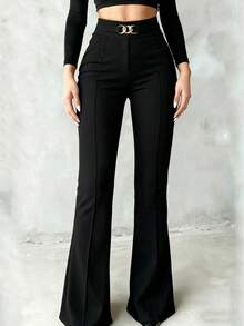 Women's Pure Black High Waist Flare Suit Pants, Gold Metal Interlocking Buckle Decor, Front Seam Slim Fit Flare Pants - Black - View 2