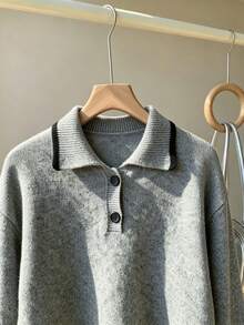 1pc Vintage Colorblock Collared Button Pullover Sweater, Slouchy Premium Soft Loose Knit Top For Women - Grey - View 4