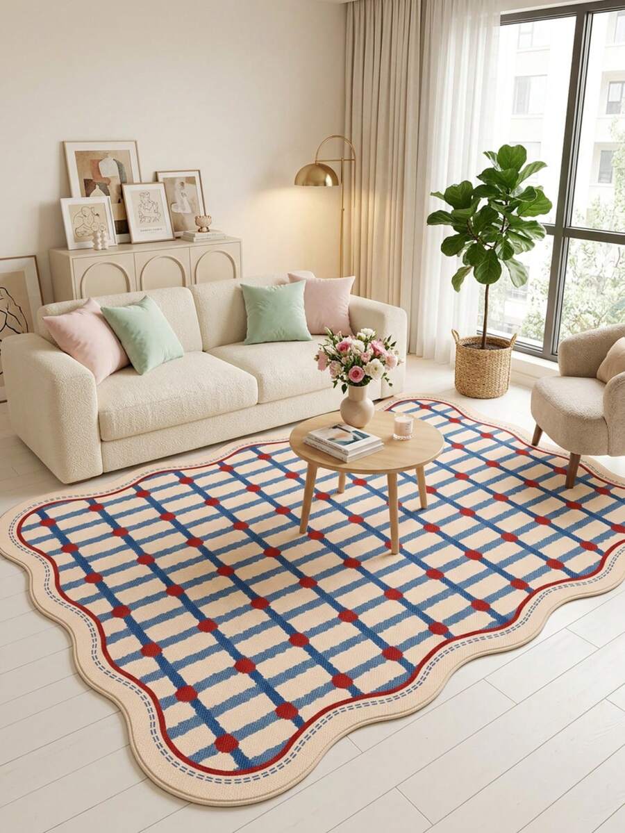 1PC American Retro Wavy Border Colorful Polka Dot Geometric Stripe - Soft Faux Cashmere Area Rug, Bathroom, Kitchen, Entryway, Hallway, Bedside, Living Room, Bedroom, All Season Machine Washable Asymmetrical Large Size Mat, Aesthetic Home Decor - Multicolor - View 1