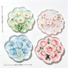 1/4PCS Watercolor Floral Acrylic Coasters, Asymmetrical Flower Transparent Heat-Resistant Coasters. Cherry Blossom, Forget-Me-Not, Rose Pattern Waterproof Tea Cup Coasters, Ins New Style Coasters, Heat-Resistant Coaster Set, Protect Tabletop From Hot Drinks, Cups And Plates Contamination - , Suitable For Office, Restaurant, Cafe - Multicolor - View 8
