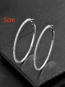 2pcs Silver Sparkling Circles-shaped Exaggerated Earrings For Women, Fashionable With Full Rhinestones - Silver - View 9
