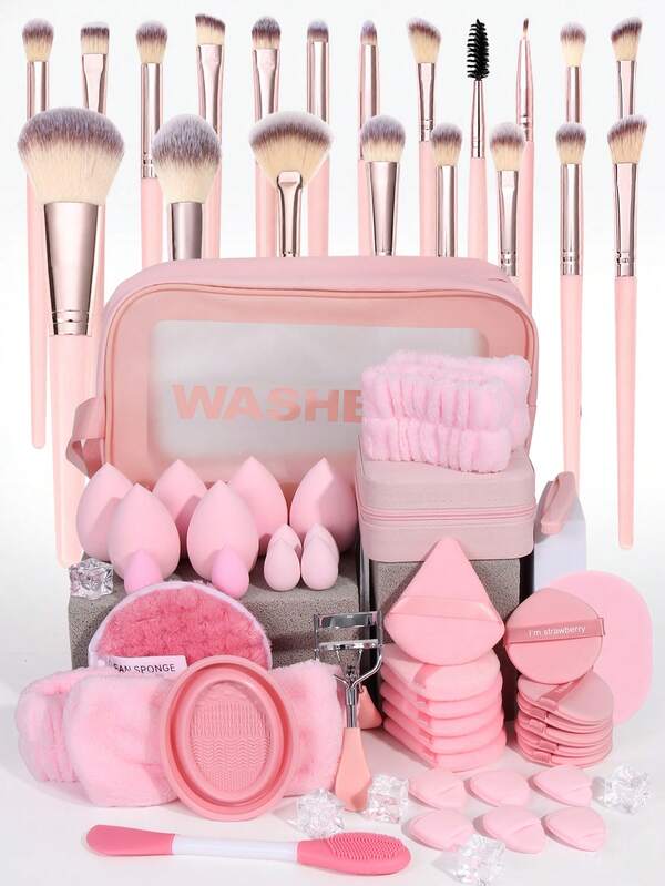 10/20/31/41/61pcs Pink Full Makeup Brush Set Professional Makeup Brush Set With Makeup Sponge, Powder Puff, Bow Headband, Eyelash Curler, Storage Bag, Full Face Beauty Tool Gift Set, Portable, Foundation Brush, Eyeshadow Brush, Eyebrow Brush, Travel Brush Set