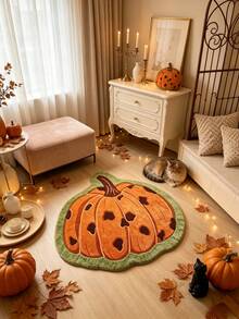 1 pieza Alfombra con forma de calabaza con estampado de leopardo y borde verde, estilo Halloween, Halloween, felpudo para exteriores, alfombra de cocina, decoración del hogar, alfombra de área, alfombra de jardín, alfombra lavable - Gris - Ver 2
