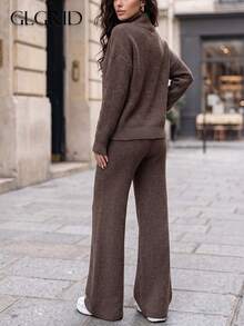 Autumn/Winter New Slouchy Maillard Style Stacked High Neck Knit Two Pieces Set Pants, Relaxed Slimming Convenient Matching Outfit Fall - Camel - View 7