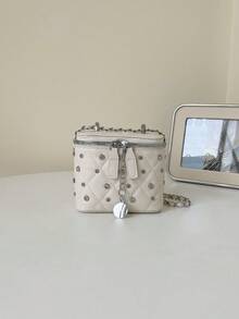 1PC Mini Embroidered PU Square Box Crossbody Bag, Rhinestone Chain Accessory, PU Thin Crossbody Strap, Sweet Girl Style Daily Storage Bag; Quilted PU Square Box Handbag Mini Crossbody Bag; Sweet Girl Asymmetric Neck Bag; Diamond Leather Chain Bucket Bag, Mini Size, Handheld And Crossbody, Makeup Bag - Beige - View 4