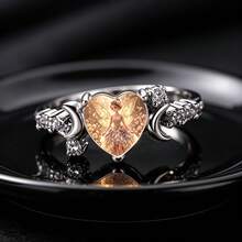 Anillo de mujer con alas de hada mágicas vintage en forma de corazón, anillo de promesa con luna creciente de circonita, joyería de estilo hada floral con estética de fantasía, regalo - Multicolor - Ver 4