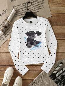 Japanese Cute Polka Dot Puppy Print T-Shirt For Women, Long Sleeve Round Neck Slim Fit Cropped Top, Autumn Inner Layer Round Neck Base Layer - White - View 5