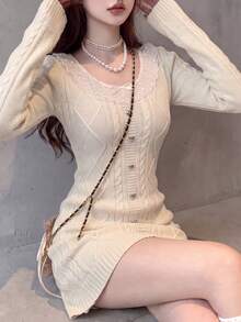 Women's Autumn/Winter Minimalist Elegant Sexy Style Lace Trim Dress - Beige - View 6