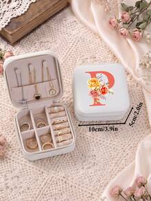 復古花卉字母旅行小珠寶盒，適用於項鍊與戒指，3.9in*2in PU皮革白色珠寶收納盒，適合女性，理想的節日禮物 - Floral Initials - 查看 15