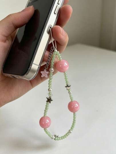 Fresh Light Green Jade Seed Bead Pink Swirl Large Round Bead Star Shaped Beaded Phone Lanyard, Dual Metal Star And Transparent Pink Five-Pointed Star Pendant, Gentle Anti-Loss Strap, Suitable For Phones, Earphone Cases And Girls' Bags, Beautiful Mint Green Jade Bead Phone Wrist Strap With Pink Star Pendant, Elegant Minimalist Green Jade Beaded Lanyard, Suitable For Daily Wear