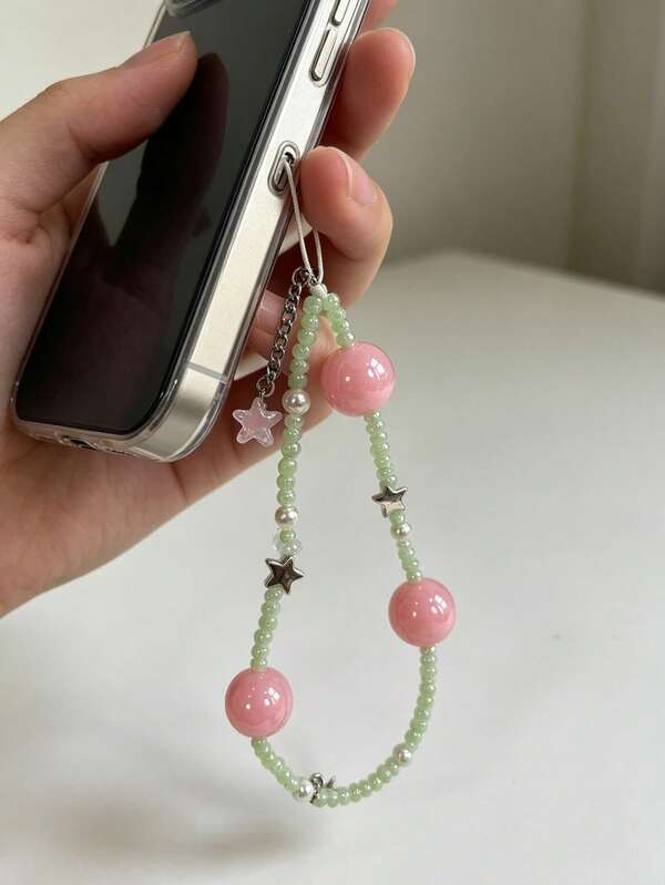 Fresh Light Green Jade Seed Bead Pink Swirl Large Round Bead Star Shaped Beaded Phone Lanyard, Dual Metal Star And Transparent Pink Five-Pointed Star Pendant, Gentle Anti-Loss Strap, Suitable For Phones, Earphone Cases And Girls' Bags, Beautiful Mint Green Jade Bead Phone Wrist Strap With Pink Star Pendant, Elegant Minimalist Green Jade Beaded Lanyard, Suitable For Daily Wear