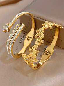 Minimalist Meteor Leaf Bangle Bracelet Set For Women Stainless Steel Golden Bangle Bracelet For Christmas Birthday Daily Party Jewelry Gifts - Multicolor - View 9