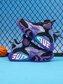1 Pair PU Leather Kids' Sports Shoes, Boys' Basketball Shoes With Rotating Buckle, 2026 Spring New Style, Durable, Anti-Slip, Practical Athletic Shoes - Purple - View 6