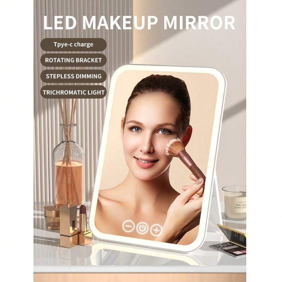 scbestuygo LED Makeup Mirror With Light, 1200mAh Rechargeable Battery Illuminated Vanity Mirror, 3-Color Lighting, Stepless Dimming, Touch Control, Rotatable & Adjustable Stand, Portable Makeup Mirror, Suitable For Bedroom, Bathroom, Travel - White - View 1