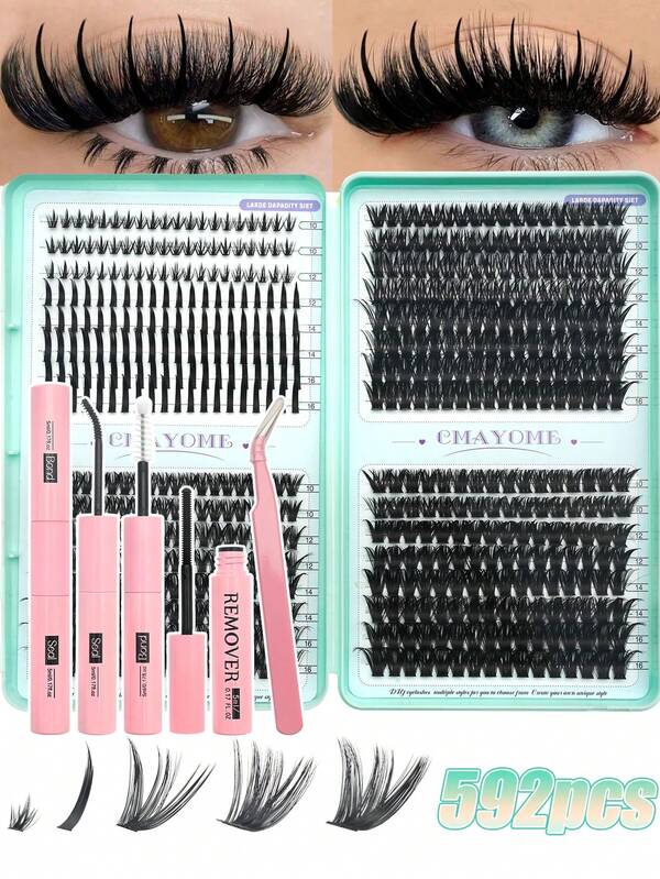 592 Pcs D Curl Fluffy Cartoon Style Eyelash Cluster Set, 10D/20D/30D/40D/50D/60D/80D/100D Mixed Eyelash Cluster Set, Full Set Includes Glue, Sealer, Tweezers, Remover, Lightweight Reusable Soft Anime Style False Eyelashes, Eyelash Technician Supplies, Suitable For 3D Daily Wear, Party, Bridal Makeup