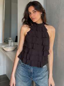 Layered Ruffle Halter Top Women Crop Backless Sleeveless Tank Top Yellow Brown Polka Dot Tie Back Vest Woman Summer Off Shoulder Going Out Camisole - Brown - View 3
