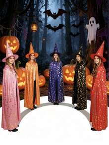 1 bộ trang phục phù thủy Halloween gồm áo choàng và mũ chóp, mũ phù thủy in họa tiết mặt trăng và sao màu vàng, bộ đồ nhập vai cho 2 người để hóa trang tiệc tùng - Xem 1