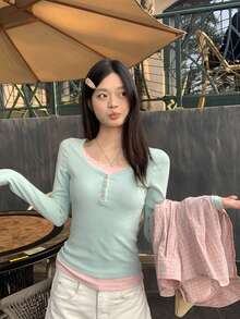 Women's 2 In 1 Lace Trim Long Sleeve T-Shirt, Early Autumn Korean Style Slim Fit Cropped Base Layer Top - Mint Green - View 7