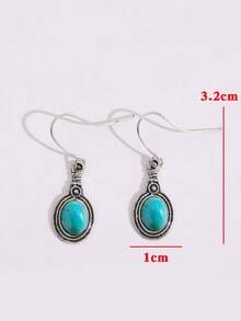 1 Pasang Anting-Anting Paduan Logam Kecil Liontin Bulat Batu Turkuois Buatan Gaya Bohemian - Perak - View 5