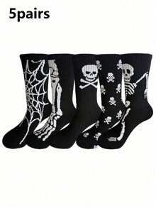 1/5 Pairs Men Skull & Spider Pattern Mid-Calf Socks, Comfortable Creative Casual Socks Suitable For Daily Wear, Halloween, Parties, Fall Socks - Multicolor - View 6