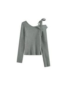 Sweater Rajut Lengan Panjang Model Korea Musim Dingin dengan Desain Leher V dan Tali Pengikat - Grey - View 3
