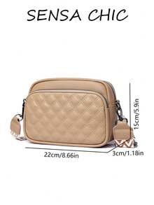 Solid Color Rhombus Quilted Small Square Shoulder Bag With Layered Inner Pockets, Zipper Closure, Versatile Crossbody Bag For Daily Commute, Work, Campus, Shopping, Travel And Outings - Khaki - View 3