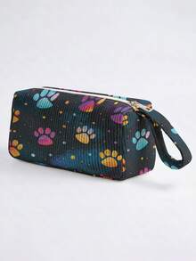 1pc Animal Paw Prints Corduroy Foldable Pencil Case With Side Pocket & Handle, Multi-Use Bag For Start Of School & Travel Essentials,School Supplies - Multicolor - View 6