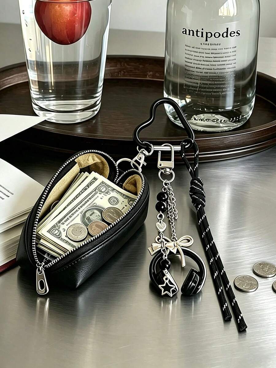 Y2K Style Mini Car Key Pouch, Cute Heart-Shaped Hook Keychain Wallet With Earphone Pendant And Lanyard, Durable PU Leather Zipper Key Bag; Mini Coin Purse For Car Keys, Earbuds, Lipstick. Suitable For School/Work/Office/Daily Use, Unique Birthday Gift, Teacher Gift, Party Gift, Vacation Gift; Essential For College Students Back To School - Multicolor - View 1