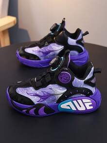 1 Pair PU Leather Kids' Sports Shoes, Boys' Basketball Shoes With Rotating Buckle, 2026 Spring New Style, Durable, Anti-Slip, Practical Athletic Shoes - Purple - View 3