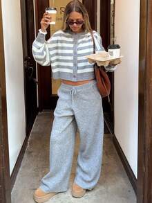 Senya Casual Fashion Striped Crew Neck Single-Breasted Cardigan & Straight Leg Pants Set, Exquisite Urban Commute Knit 2 Pieces Matching Set Fall - Light Grey - View 3