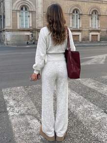 Women's Ribbed Knit Wrap Sweater And Wide Leg Pants Set, Fashionable Autumn Winter Spring Outfit, Medium Stretch, Light Gray Autumn Style - Light Grey - View 6