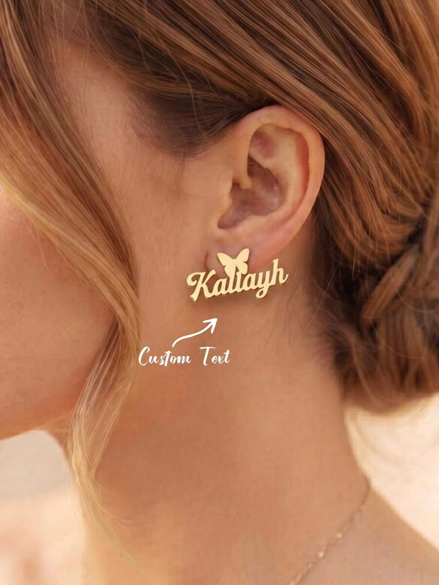 Personalized Name Butterfly Stainless Steel Gold-Plated Custom Name Earrings, Customized Jewelry, Elegant Party Gift For Her - Multicolor - View 1