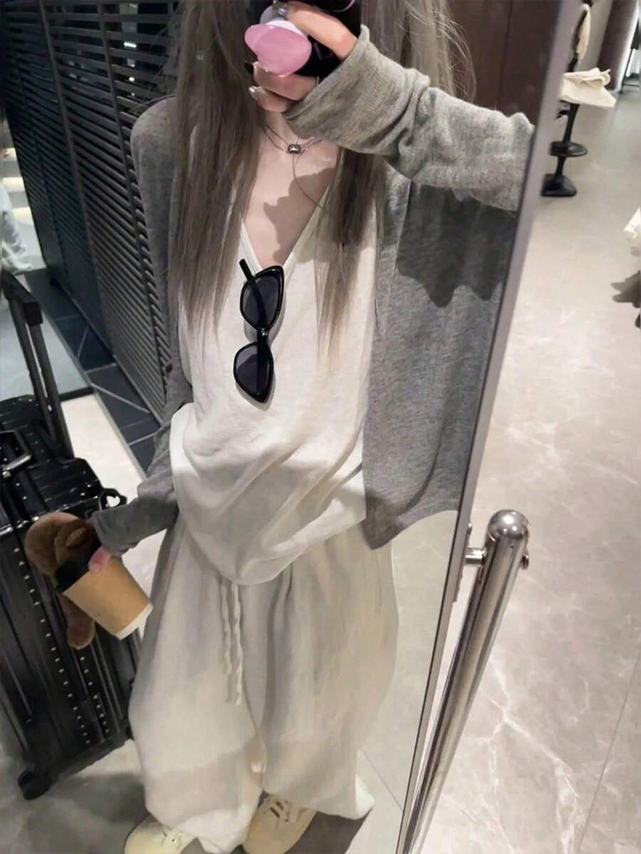 Cardigan Rajut Longgar Abu-abu Model Slimfit, Lapisan Tipis Serbaguna untuk Musim Gugur - Grey - View 1