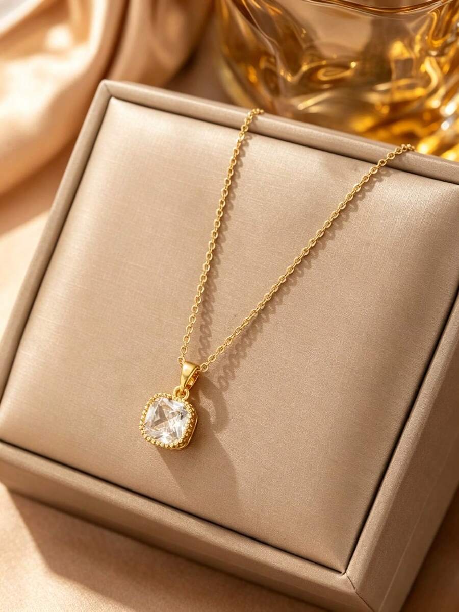 1件金色不鏽鋼鍍立方體迷你白色鋯石吊墜項鍊,時尚、休閒、中性、獨特的藝術氣息,適合女士、男士、情侶、街頭風格、日常穿著、派對、節日裝飾 - 金黃色 - 查看 1