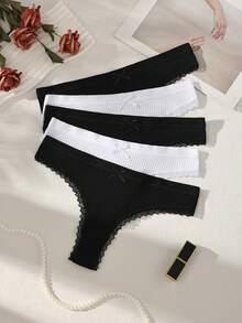 5pcs Black & White Bow Ribbed Cotton Women's Thong Panties - Black and White - View 3