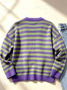 Plus Size Women Casual Striped Cardigan, Long Sleeve Striped Crew Neck Sweater, Autumn/Winter - Purple - View 3