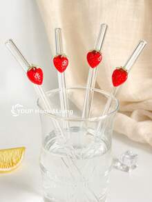 2/4pcs Red Cherry Shaped Glass Drinking Straws, Suitable For Water Cups, Reusable Curved Transparent Thickened Glass Straws Tableware Set, Kitchen Accessories, Straw Decorative Caps, Cold Drinks, Milk Tea, Coffee, Bar, Home, Restaurant, Holiday Supplies, Summer - View 1
