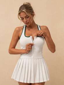 Women's Piped Zipper Placket Pleated Hem Sports Dress With Shorts - White - View 2