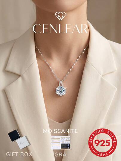 CENLEAR 1pc S925 Sterling Silver Sunflower Moissanite Pendant Necklace, Elegant Bezel Round Cut Sparkling Jewelry Gift For Girlfriend/Wife