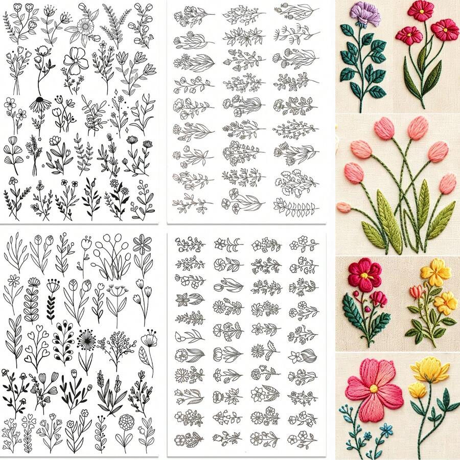 Stick & Stitch Water-Soluble Wash-Away Embroidery Transfer Paper, Pre-Printed Delicate Mixed Wildflower Leaf Plant Fine Line Art Pattern, Suitable For Hand Sewing