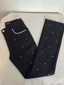 pthirillo Women's Black Flare Jeans With Rhinestones, High Waist, Butt-Lifting, Premium Shine - 口袋珍珠和斑點珍珠 - 查看 4