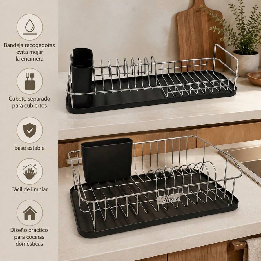 Stainless Steel Dish Drying Rack With Removable Drip Tray And Cutlery Holder, Kitchen Organizer With Non-Slip Base And Sturdy Grid Structure - 銀色 - 查看 1