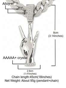 Victory Hand Gesture Rhinestone Pendant Cuban Necklace, Personalized Palm Charm, American Hip-Hop Street Style Gold/Silver Color Couple Matching Accessory - Gesture Pendant Necklace - View 3