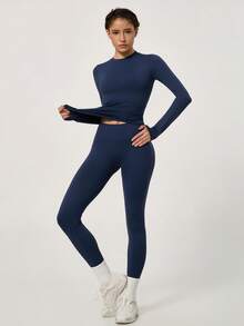 NcmRyu One Set Women's Round Neck Fitted Soft Long Sleeve High Waist Pants Gym Training Running Aerobics Yoga Pilates Workout Set - Blue - View 3